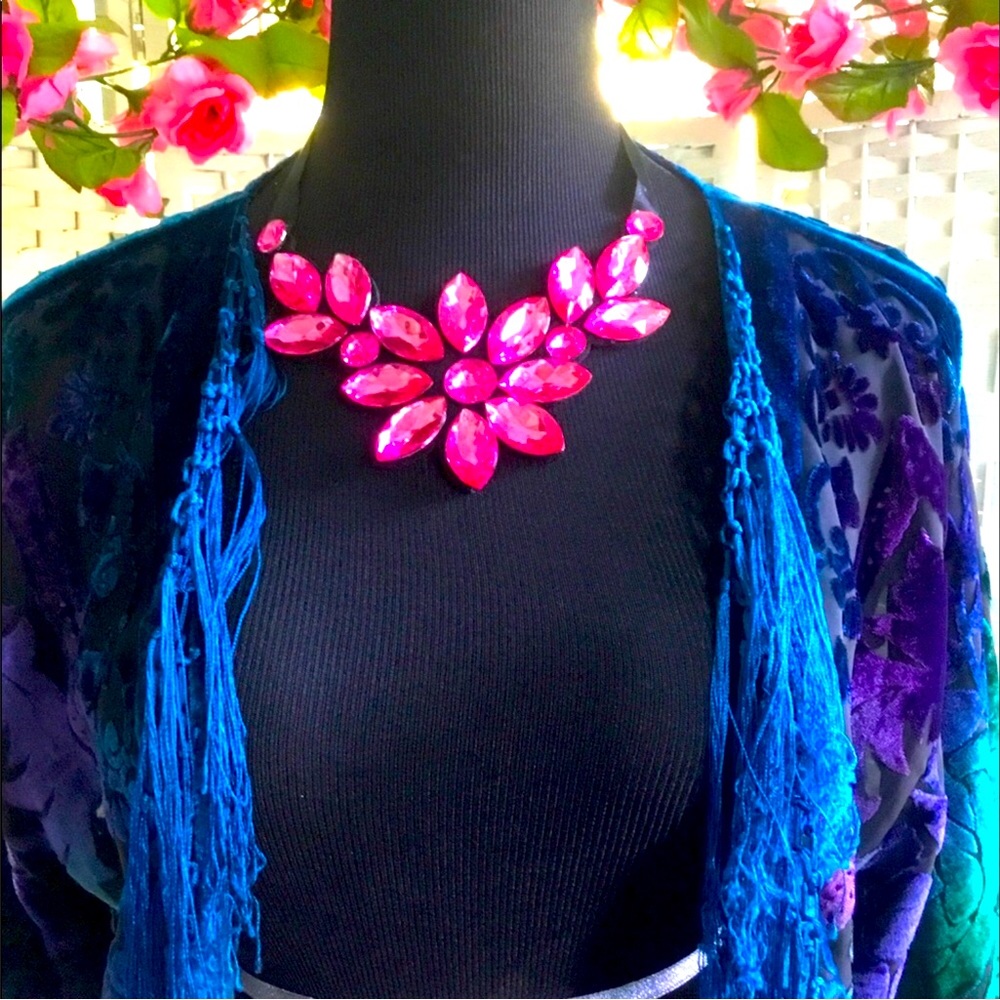 Pink Rhinestone Floral Statement Necklace Flower Crystal Bib - Picture 2 of 8